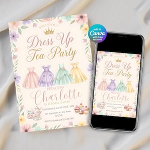 dress up tea party birthday invitations Princess Tea Party Birthday Invitation Editable Template, Kids Let's P –  Puff Paper Co main image 0