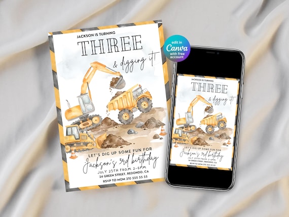 Construction Birthday Invitation Boy | Digging It 3rd Birthday Invite | Truck Party Canva Template Editable | Excavator Invite