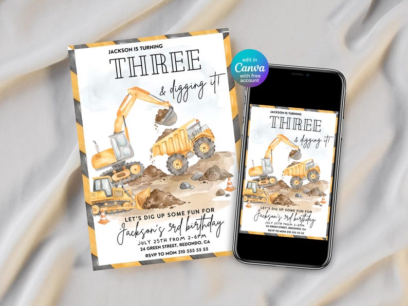 Construction birthday invitation shown on printed card and mobile phone, editable Canva construction party invite, dump truck birthday invitation, excavator birthday party printable, bulldozer themed birthday celebration, digital construction birthday invitation, truck party decor, personalized birthday card for boys, instant download construction vehicle birthday invitation template.