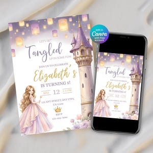 May include: A digital invitation with a princess theme. The invitation features a watercolor illustration of a princess, a castle, and floating lanterns. The text reads "Let's Get Tangled" and invites guests to celebrate Elizabeth's 5th birthday.