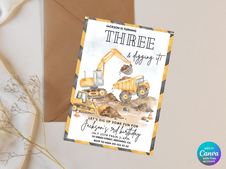 Construction birthday invitation with envelope featuring dump truck, excavator and bulldozer artwork, editable Canva birthday party invitation, construction truck birthday invite, digger themed birthday celebration, printable construction vehicle invitation, heavy machinery birthday card, road construction party decor, personalized birthday invitation template, instant download party printable.