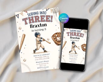Invitation d'anniversaire de baseball garçon, glisser dans trois invitations d'anniversaire, 3e anniversaire de baseball fête modèle de toile modifiable invitation de sport