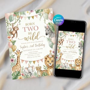 May include: A birthday invitation card and a smartphone displaying the same design. The invitation features watercolor illustrations of a monkey, zebra, giraffe, elephant, leopard, and lion wearing party hats, with the text BORN TWO BE WILD.