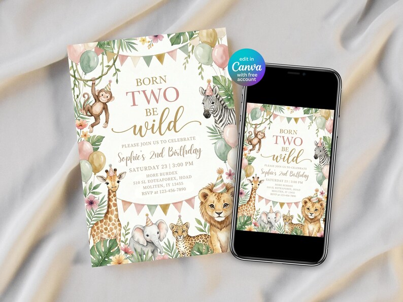 May include: A birthday invitation card and a smartphone displaying the same design. The invitation features watercolor illustrations of a monkey, zebra, giraffe, elephant, leopard, and lion wearing party hats, with the text BORN TWO BE WILD.