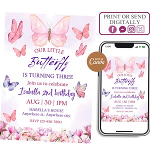 Butterfly Birthday Invitation, Girl Butterfly Party, pink Butterfly Birthday Invite, second Birthday Invitation, Girl Butterfly Party
