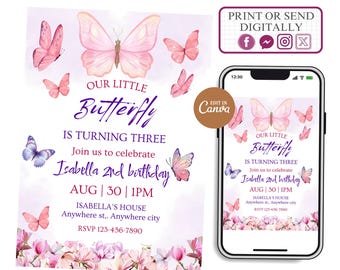 Butterfly Birthday Invitation Editable Canva Instant Download | Girl Garden Party Invite