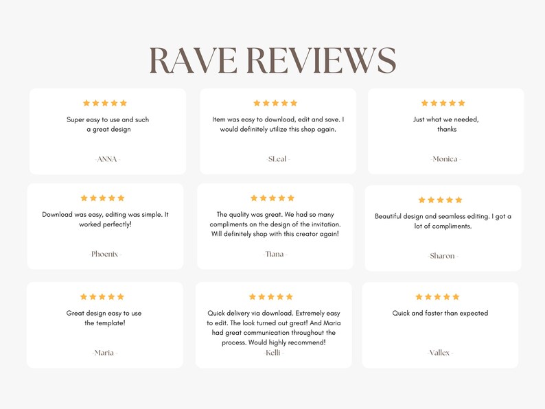 May include: A graphic display titled RAVE REVIEWS featuring nine customer testimonials arranged in a grid. Each testimonial includes five gold stars and text from reviewers named Anna, SLcal, Monica, Phoenix, Tiana, Sharon, Maria, Kelli, and Vallex.
