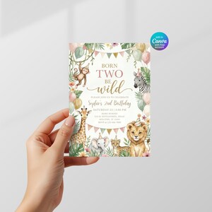 May include: A rectangular birthday invitation card featuring watercolor illustrations of a monkey, zebra, giraffe, elephant, leopard, and lion wearing party hats, surrounded by jungle leaves, balloons, and bunting with the text BORN TWO BE WILD.