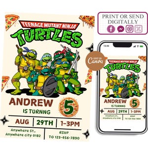 Convite de aniversário de ninjas, convite de tartarugas, presente de aniversário infantil, modelo de convite para festa digital, convite para festa para impressão, editável, Canva