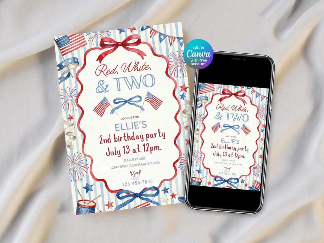 Red White and Two Birthday Invitation Template, Patriotic Birthday ...