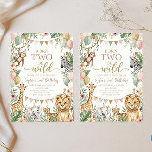 May include: Two identical rectangular birthday invitations featuring watercolor jungle animals including a monkey, zebra, giraffe, elephant, leopard, and lion. The text reads BORN TWO BE WILD, Sophie's 2nd Birthday, and party details.