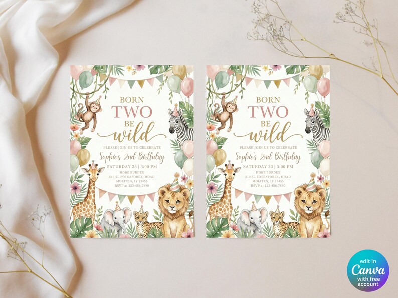 May include: Two identical rectangular birthday invitations featuring watercolor jungle animals including a monkey, zebra, giraffe, elephant, leopard, and lion. The text reads BORN TWO BE WILD, Sophie's 2nd Birthday, and party details.