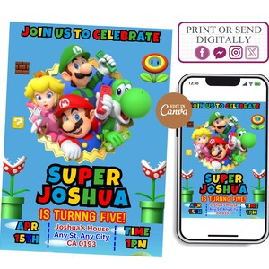 Convite para impressão do Super Mario, convite de aniversário para menino e menina, modelo de convite de aniversário para videogame, convite para festa de aniversário editável