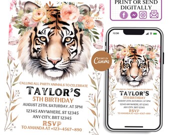 Faire-part d'anniversaire tigre, thème animaux Safari (modèle canva à téléchargement numérique