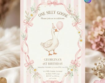 Invitación de cumpleaños de un ganso travieso / Invitación de primer cumpleaños de ganso / Fiesta de primer cumpleaños con lazo rosa / Invitación editable de Canva para niña