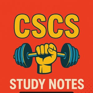 Könnte beinhalten: Ein Computerbildschirm zeigt Studiennotizen für einen Kurs namens CSCS. Die Notizen befassen sich mit der Struktur und Funktion von Körpersystemen. Der Bildschirm befindet sich auf einem roten Hintergrund mit einer gelben und blauen Gewichtheber-Illustration.