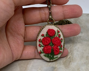 Embroidered Bouquet Necklace, Pink Floral Necklace, Embroidery Pendant, Feminist Gift, Unique Birthday Gift, Second Anniversary Gift