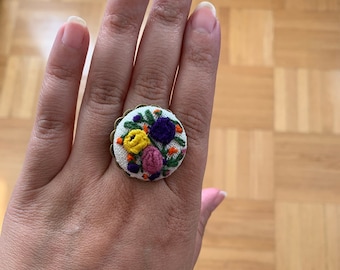 Handmade embroidered adjustable ring, Statement ring, hand embroidery jewelry, hand stitched flower Ring, Gift for her