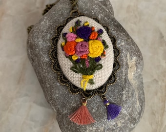 Bouquet Embroidered Necklace, Unique Flower Wearable Art Pendent ,Handstitched Cotton Jewellery Gift for woman