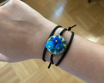 Hand Embroidered Bracelet, Friendship Bracelet, Blue Flower Bracelet, Bridesmaid Gift, Vintage Style Cuff, Christmas Gift
