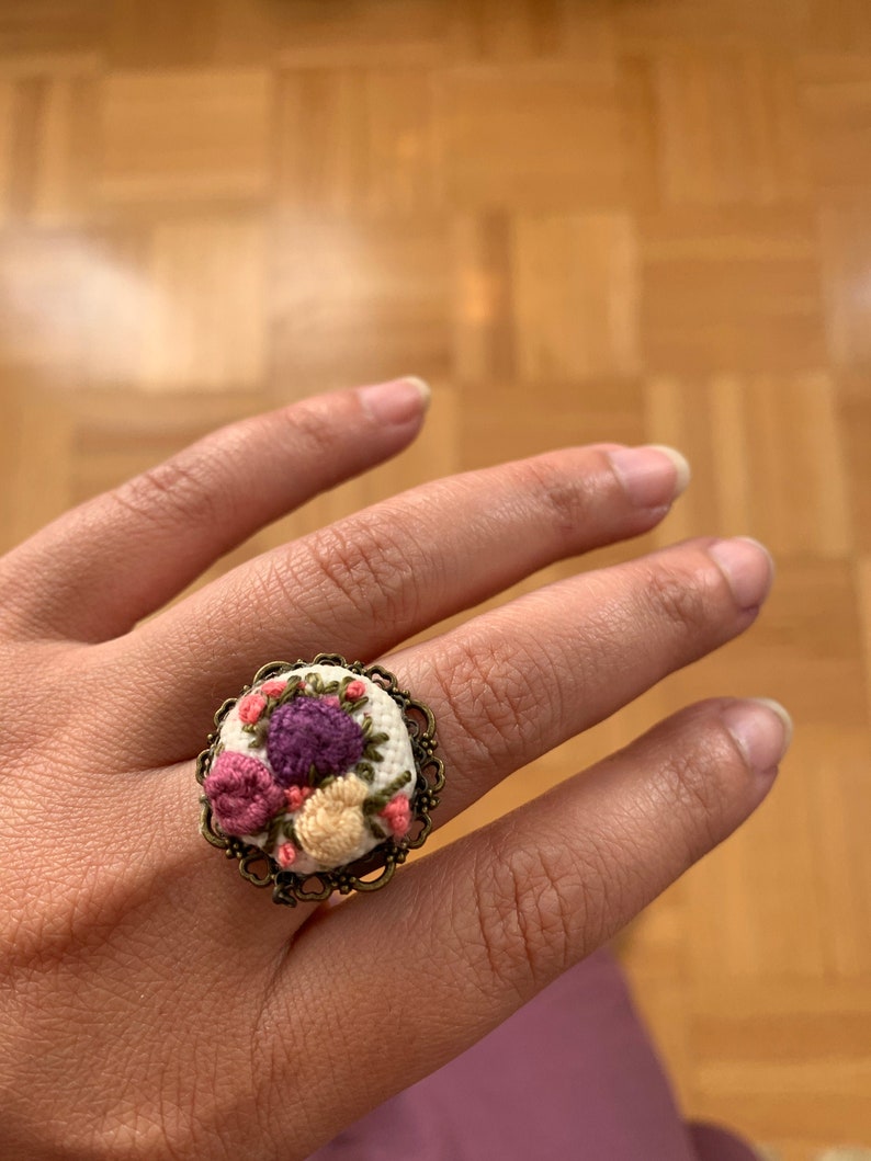 Embroidered Flower Ring Rose Jewelry, Bright Silk Statement Ring, Boho