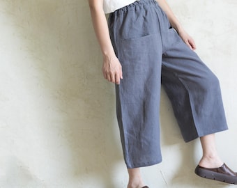 Grijze linnen cropped broek dames: zomerbroek met elastische taille en wijde pijpen