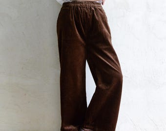 Retro Warm Corduroy Pants, Women Relaxed Fit Trousers, Comfy Cord Pants, Elastic Waist Cotton Pants, Custom Winter Pants, Wide Leg Trousers
