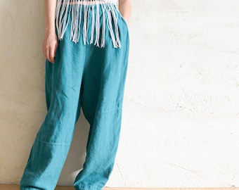 Casual losse linnen damesbroek: wijde broek met elastische taille