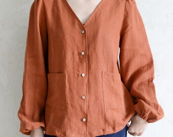 Vintage linnen blouse met pofmouwen, linnen zomertop in Franse stijl, linnen shirt met v-hals