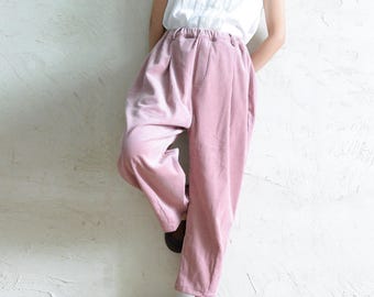 Roze warme corduroybroek dames: vintage ontspannen pasvorm elastische taillebroek