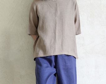 Handgemaakt linnen T-shirt: asymmetrische zoom, losvallende zomertop