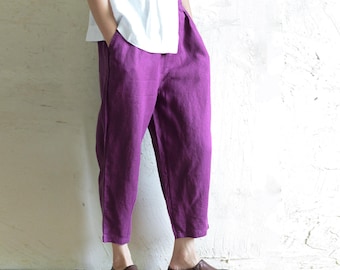 Vintage linnen cropped broek met elastische taille, enkellange yoga-linnen pyjama
