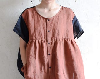 Handgemaakte linnen patchworkblouse: oversized oranje tuniektop