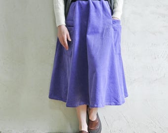Blauwe corduroy midi-rok dames, boho-rokken elastische taille, Japanse stijl