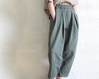 Katoenen linnen harembroek dames: retro elastische taille broek met wijde pijpen