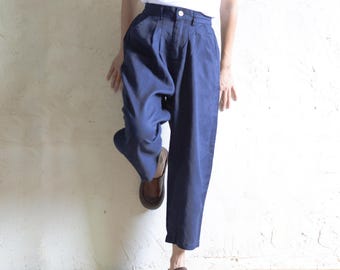 Handgemaakte marineblauwe cropped linnen broek, retro enkellange broek