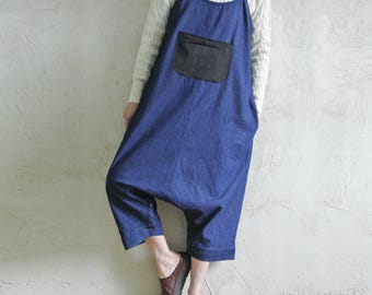 Oversized denim harembroek dames, Japanse jumpsuit met bretels, relaxte bretelbroek