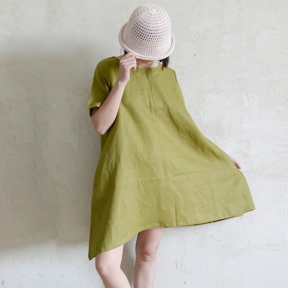 short sleeve knee length shift dress Women Casual Linen Dress: Summer Above Back Button pdp-offer-announcement-test-suit-free-trouser