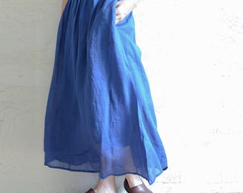 Handgemaakte blauwe linnen rok: retro slim-fit elastische taille