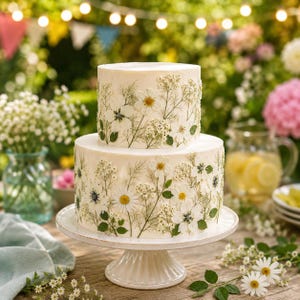 Könnte beinhalten: Eine zweistöckige Torte mit weißer Glasur, verziert mit gepressten weißen Blüten und grünem Blattwerk. Die Torte steht auf einem weißen Tortenständer. Das florale Design zeigt verschiedene kleine weiße Blüten, Gänseblümchen und zarte grüne Stängel.