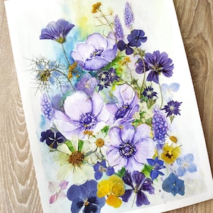 Foto met geperste bloem Gemengde techniek aquarel en geperste bloemen originele geperste bloemkunstwerken Muurkunst geperste bloem Herbarium Oshibana