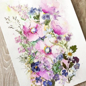 Gemengde techniek aquarel en geperste bloem geperste bloem foto origineel geperste bloemkunstwerk geperste bloem muurkunst Herbarium Oshibana