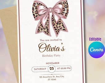 Leopard Print Bow Birthday Invitation Editable Canva Template Cheetah Print Coquette Glam Birthday Invite