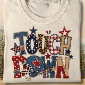Touchdown Patch PNG, Faux Embroidery Football Sublimation Design, Denim Leopard Game Day PNG, Western Football Mom Shirt DTF