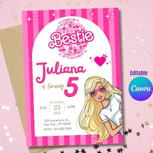 Puede incluir: Invitación de fiesta de cumpleaños rosa y blanca con el texto "Bestie" y "Juliana cumple 5". La invitación presenta una ilustración de dibujos animados de una mujer rubia con gafas rosas. La invitación es editable con Canva.