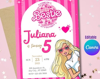Pink Fashion Doll Birthday Party Invitation Template Cute Doll Theme Invite for Party Instant Download Pink Evite Editable Canva