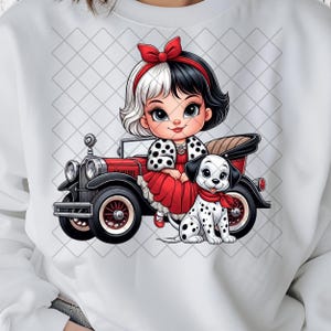 May include: A cartoon illustration of a girl with black and white hair wearing a red dress and a dalmatian coat. She is holding a dalmatian puppy and standing next to a red vintage car.
