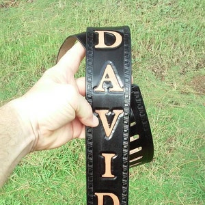 LONG Personalized Black Leather Guitar Strap, Handcrafted and Original Custom Black Leather Guitar or Bass Strap, Custom Bass Guitar Strap