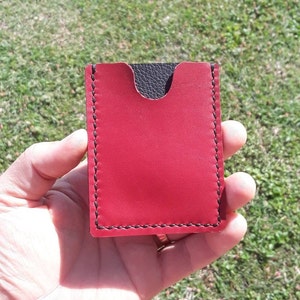 Cartera minimalista de cuero rojo y negro, cartera delgada, hecha a mano, cosida a mano, cartera de bolsillo frontal, cartera simple, tarjetero, flexible