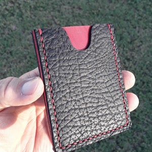 Cartera minimalista de cuero negro y rojo, billetera delgada, hecha a mano, cosida a mano, billetera de bolsillo frontal, billetera simple, tarjetero, flexible